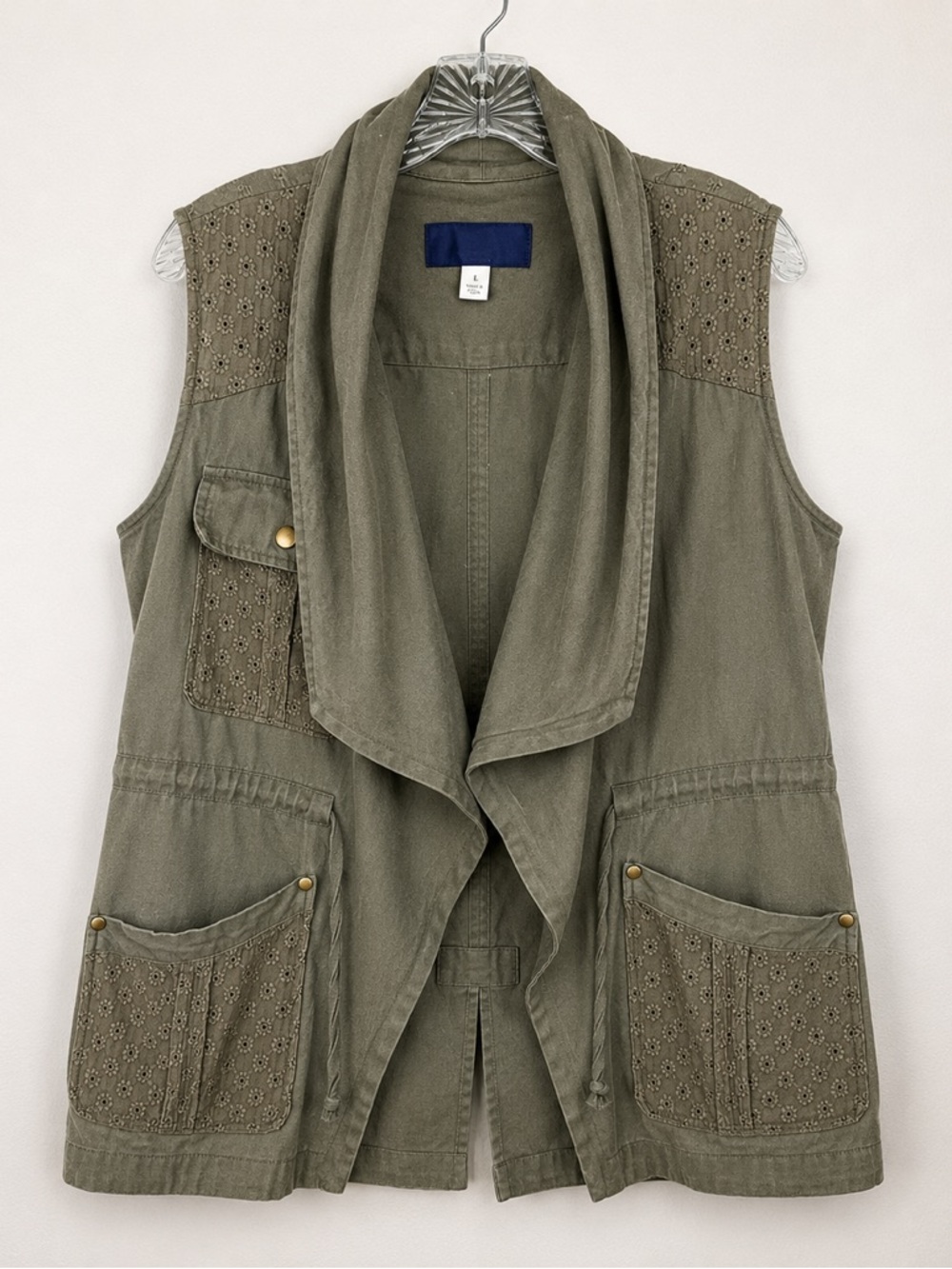 Blue Rain Utility Vest Olive Green Eyelet Lace Cargo Pockets Large